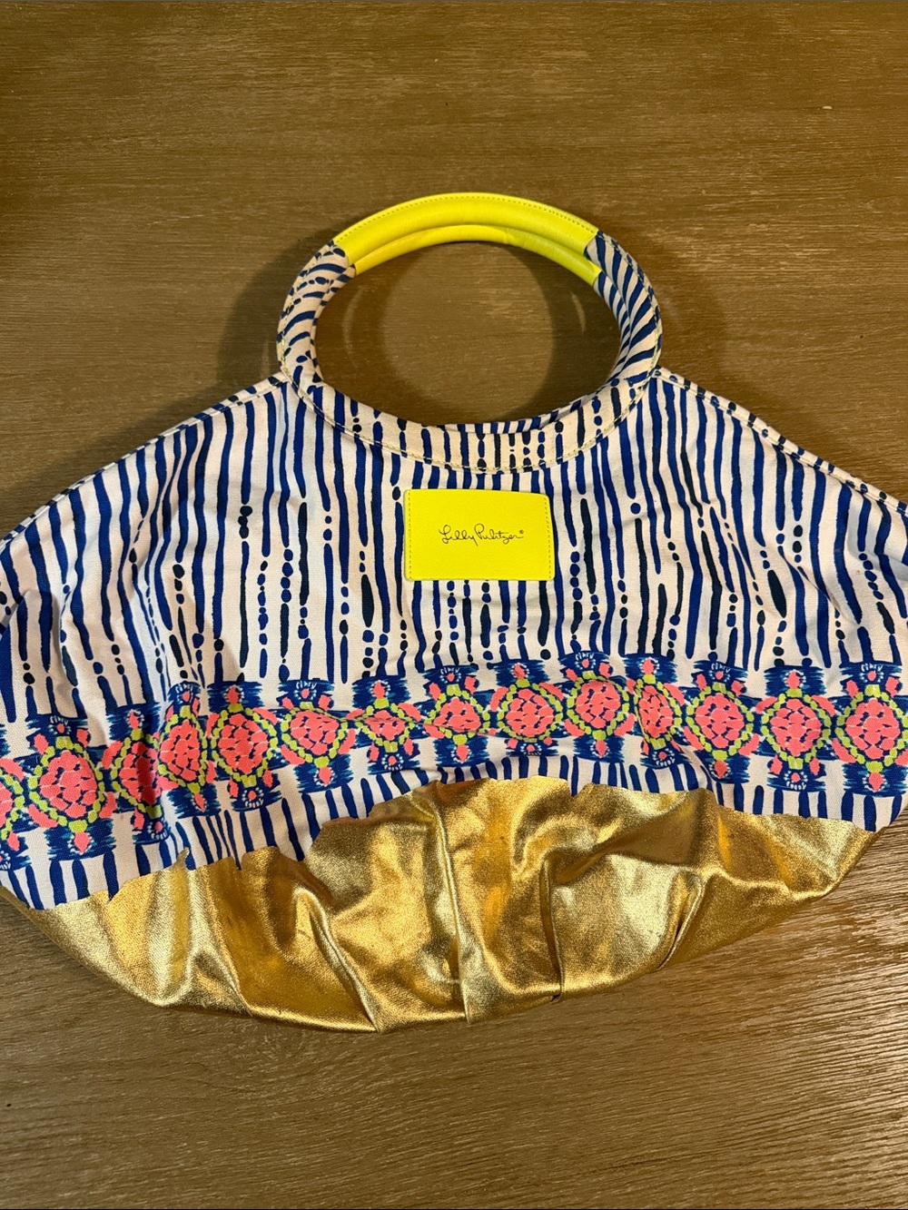 Lilly Pulitzer Blue & Neon Yellow Printed Tote with Gold Base